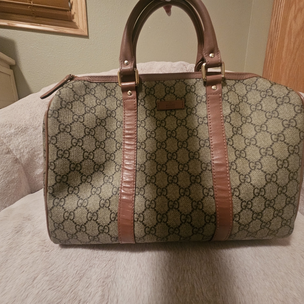 Gucci Beige and Brown Signature Boston Handbag